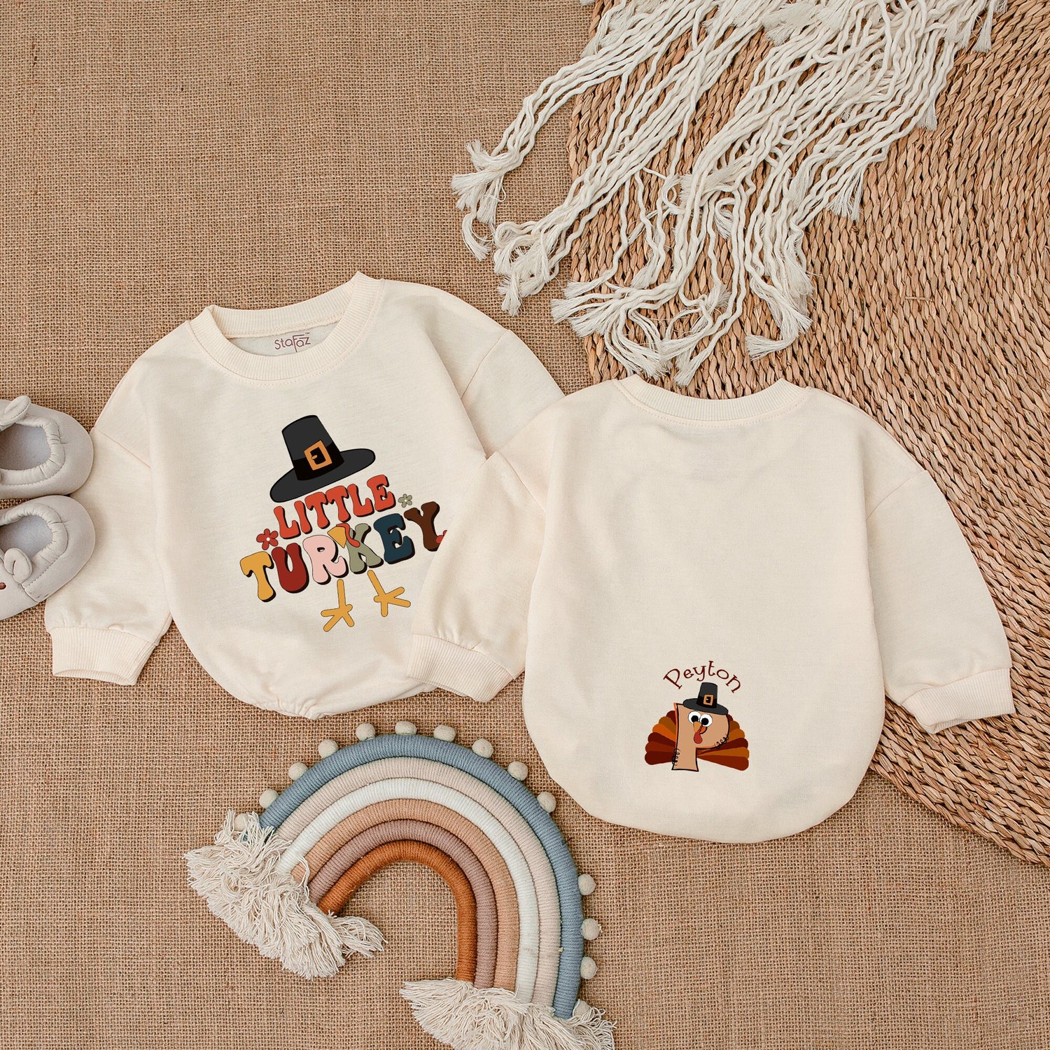 Custom Little Turkey Bubble Romper My First Thanksgiving Baby Outfit Baby Shower Gift image 1