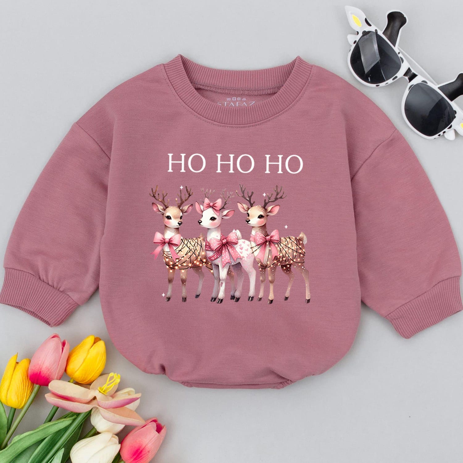 Ho Ho Ho Reindeer Baby Romper First Christmas Holiday Outfit Funny Baby Shower Gift image 1