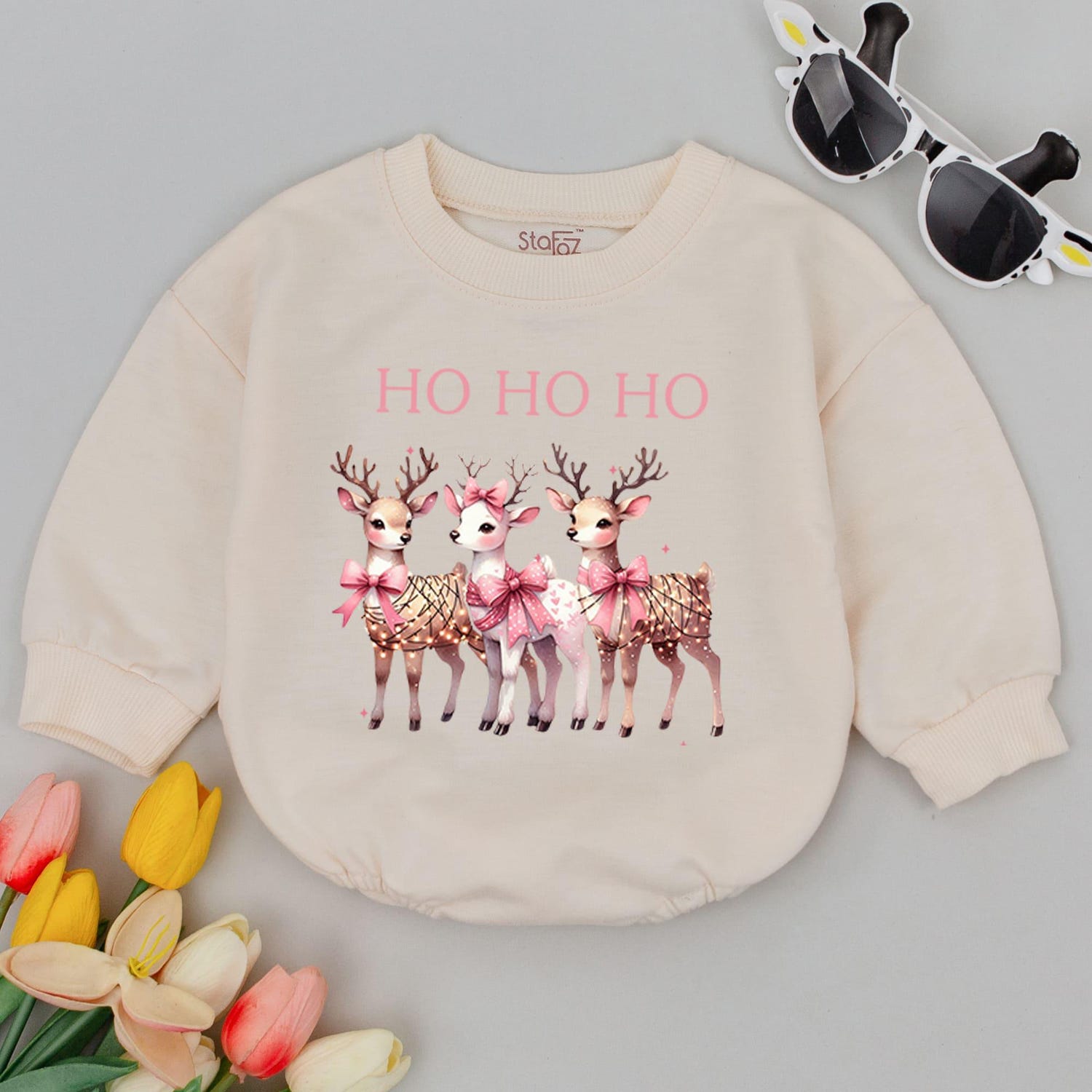 Ho Ho Ho Reindeer Baby Romper First Christmas Holiday Outfit Funny Baby Shower Gift image 2