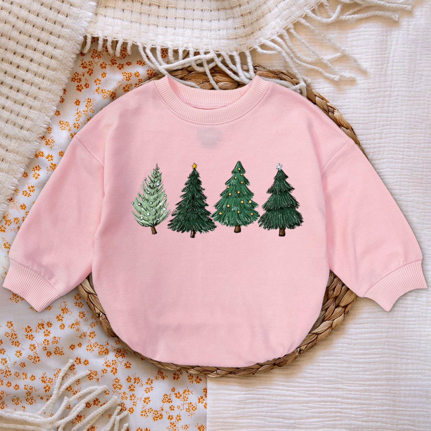 Retro Watercolor Christmas Tree Baby Romper Sweatshirt Cute Newborn Bodysuit Gift image 3