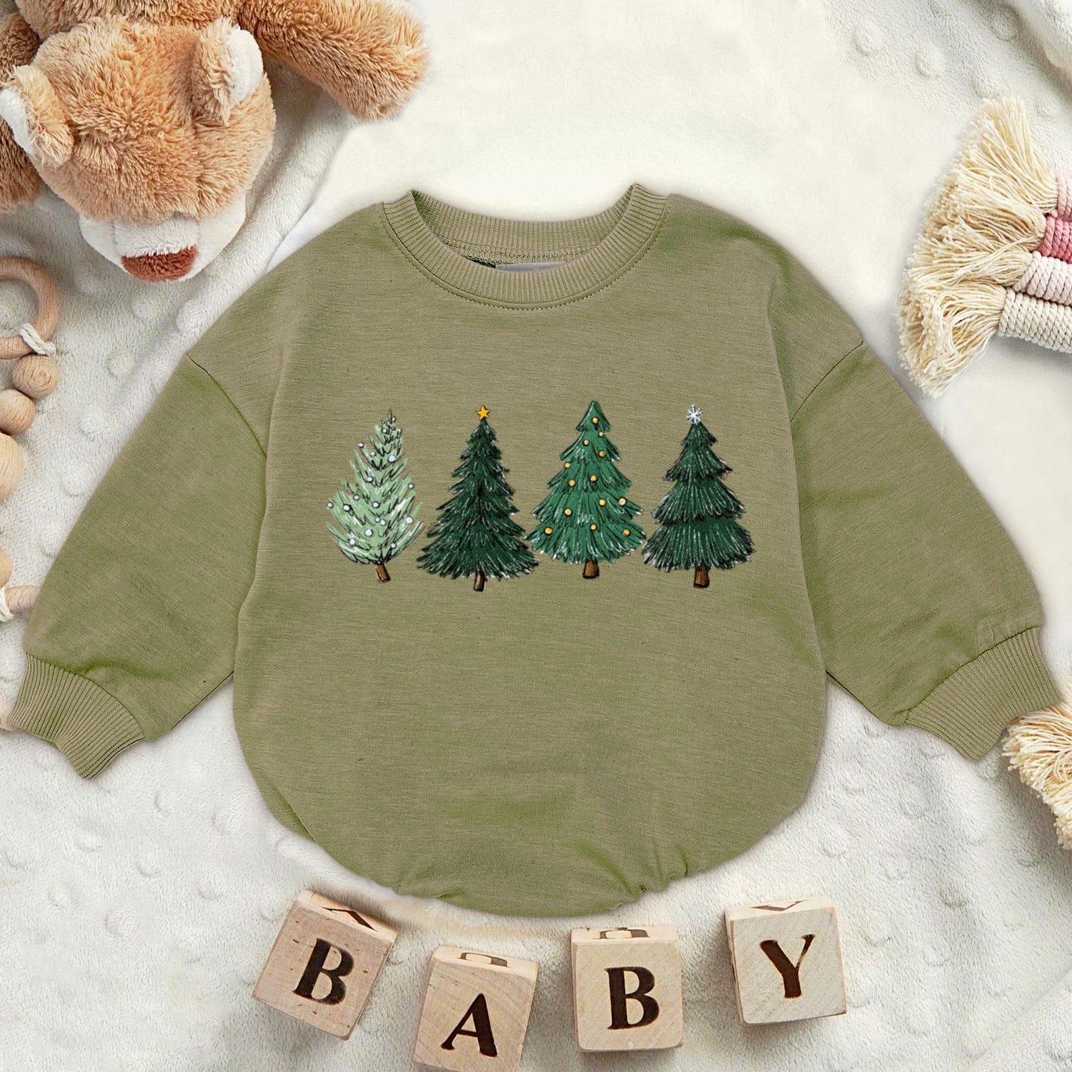 Retro Watercolor Christmas Tree Baby Romper Sweatshirt Cute Newborn Bodysuit Gift image 2