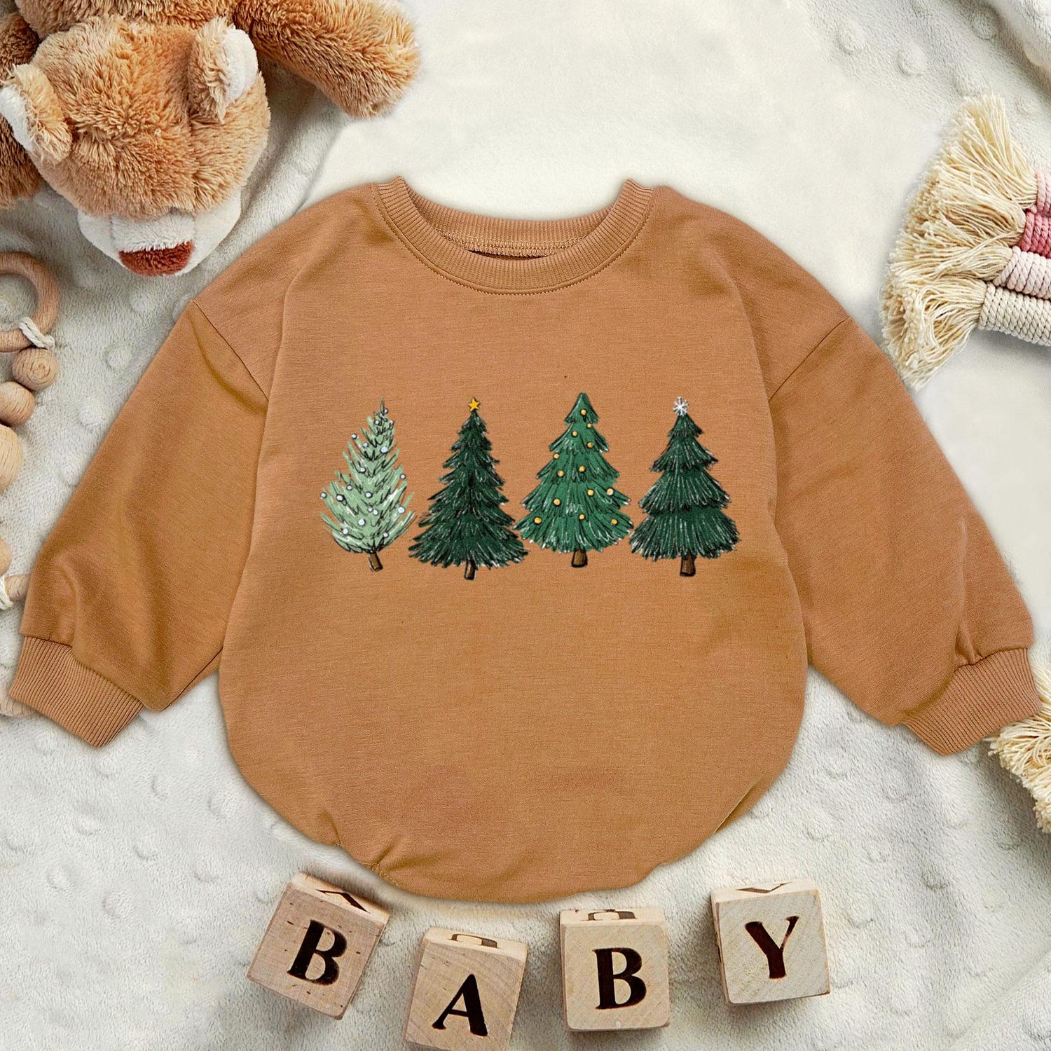 Retro Watercolor Christmas Tree Baby Romper Sweatshirt Cute Newborn Bodysuit Gift image 4