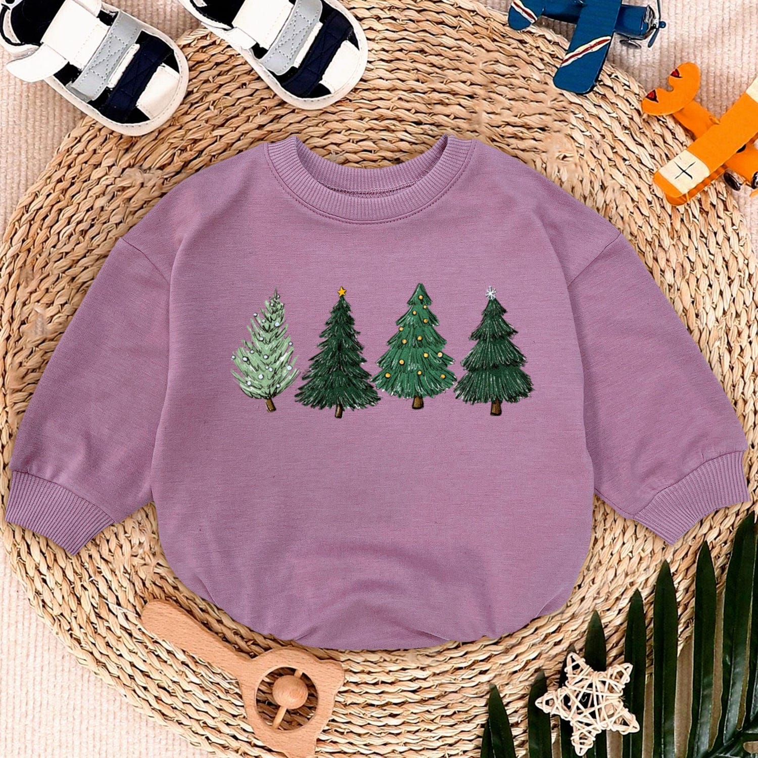 Retro Watercolor Christmas Tree Baby Romper Sweatshirt Cute Newborn Bodysuit Gift image 6