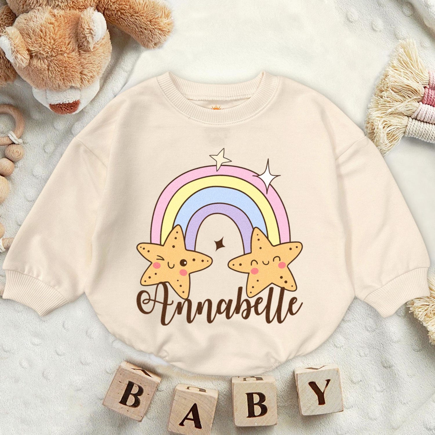 Personalized Rainbow Star Baby Romper Sweatshirt Cute Christmas Newborn Fall Sweater Gift image 1