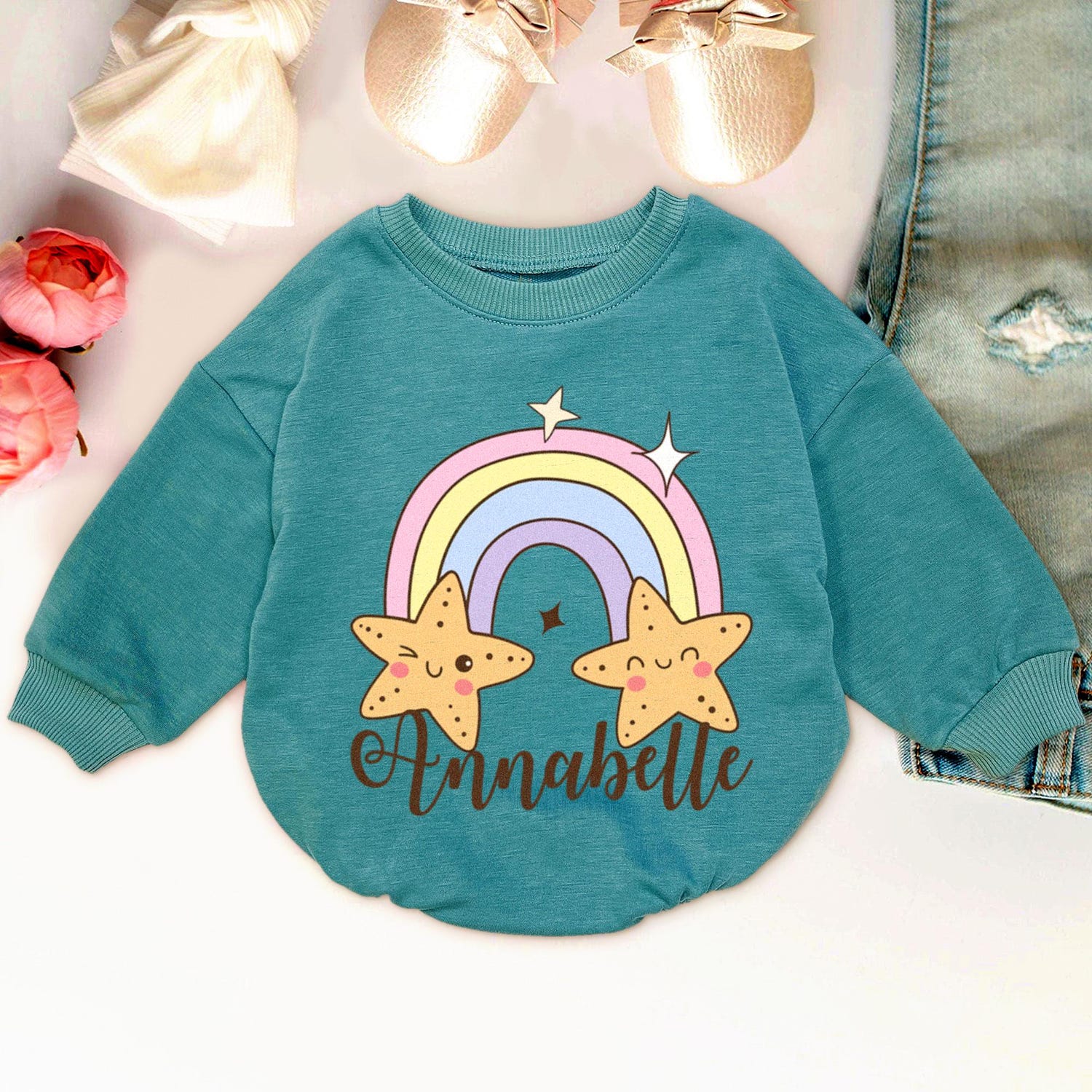 Personalized Rainbow Star Baby Romper Sweatshirt Cute Christmas Newborn Fall Sweater Gift image 5