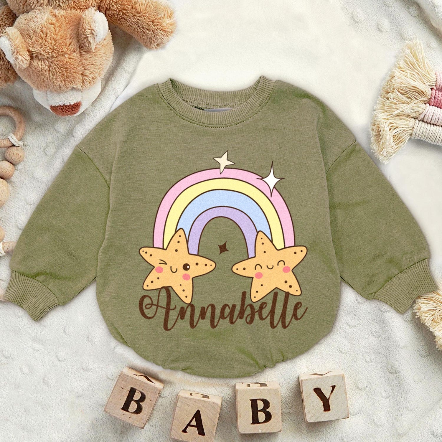 Personalized Rainbow Star Baby Romper Sweatshirt Cute Christmas Newborn Fall Sweater Gift image 3