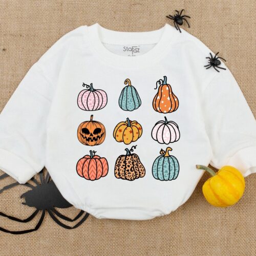 Pumpkin Print Fall Baby Romper Halloween Ghouls Newborn Clothes - First Halloween Outfit image 0