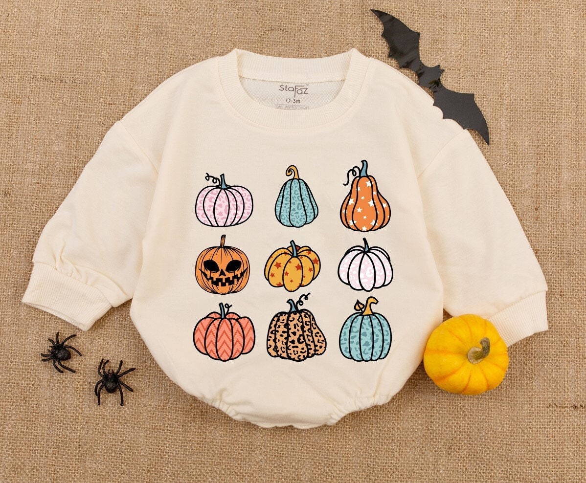 Pumpkin Print Fall Baby Romper Halloween Ghouls Newborn Clothes - First Halloween Outfit image 1