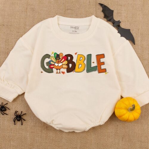 Thanksgiving Baby Romper Bodysuit Gobble Gobble Fall Design First Thanksgiving Outfit image 0