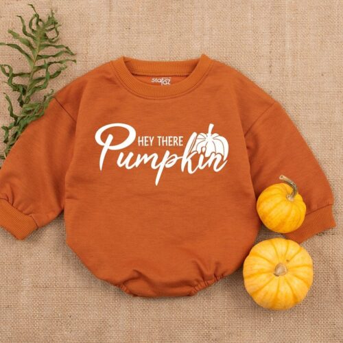 Thanksgiving Baby Romper Hey There Pumpkin Retro Fall Brown First Halloween Outfit image 0