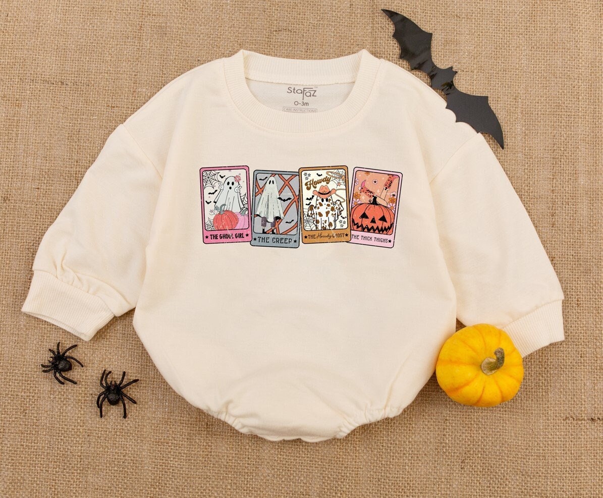 Retro Halloween Ghost Tarot Baby Romper Newborn Halloween Clothes First Baby Halloween Outfit image 1