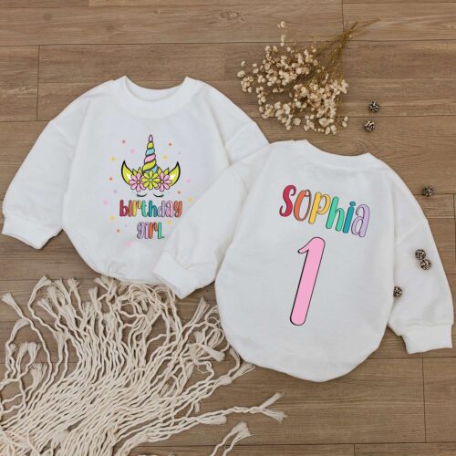 Personalized Birthday Girl Bubble Romper Cute Baby Bodysuit Custom Newborn Outfit Baby Shower Gift image 0