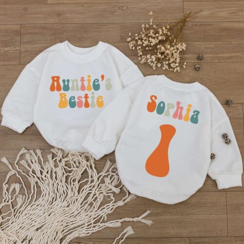 Custom Auntie's Bestie Baby Romper Newborn Outfit Personalized Baby Boy Bodysuit Baby Shower Gift image 0