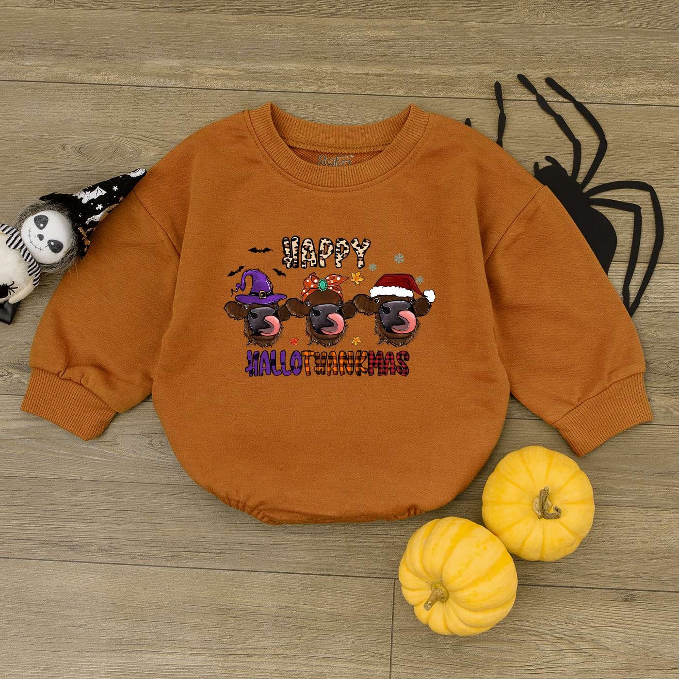 Happy Hallothanksmas Baby Romper Highland Cow Outfit 1st Thanksgiving & Christmas Bodysuit image 1