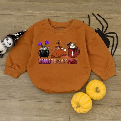 Happy Hallothanksmas Baby Romper Halloween Thanksgiving Christmas Newborn Outfit image 0