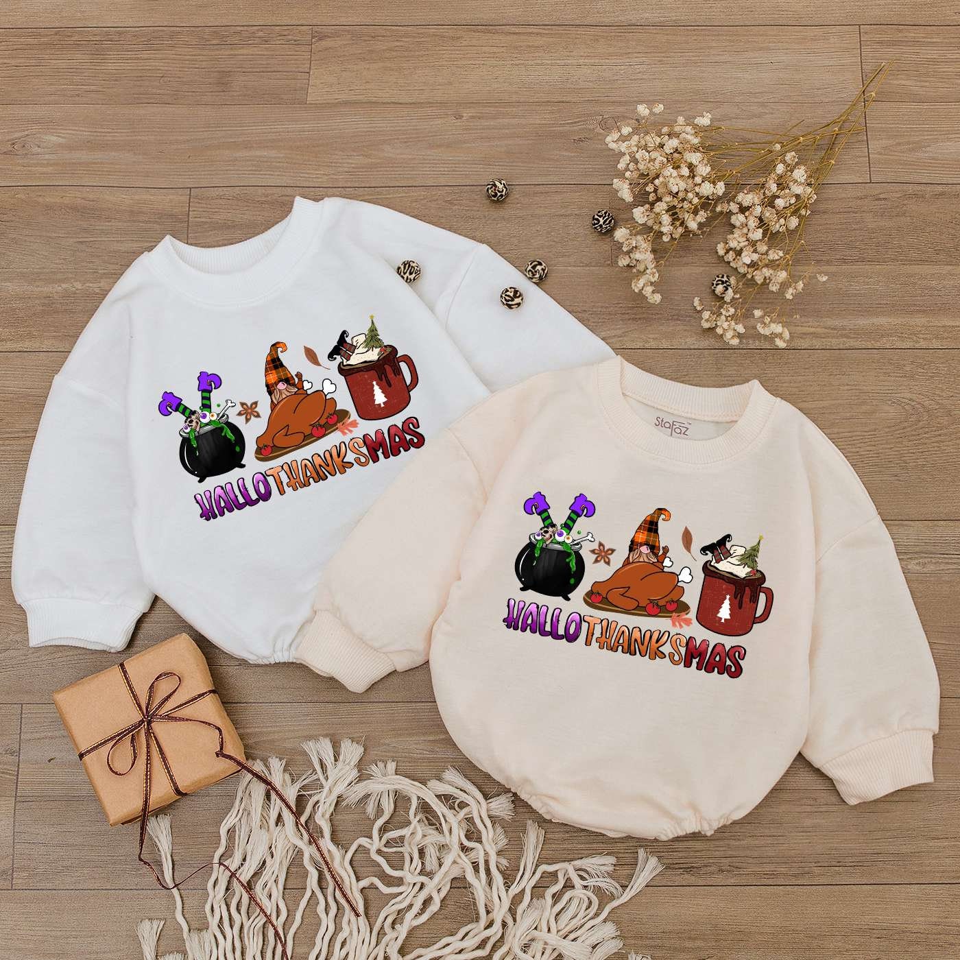 Happy Hallothanksmas Baby Romper Halloween Thanksgiving Christmas Newborn Outfit image 1