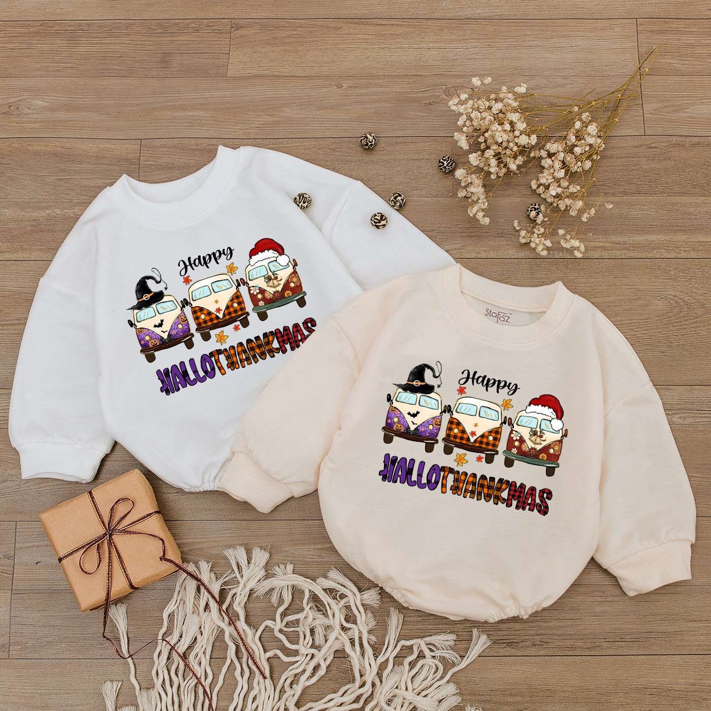 Happy Hallothanksmas Baby Romper Hippie Bus Fall Newborn Outfit 1st Thanksgiving Halloween Christmas Shirt image 1