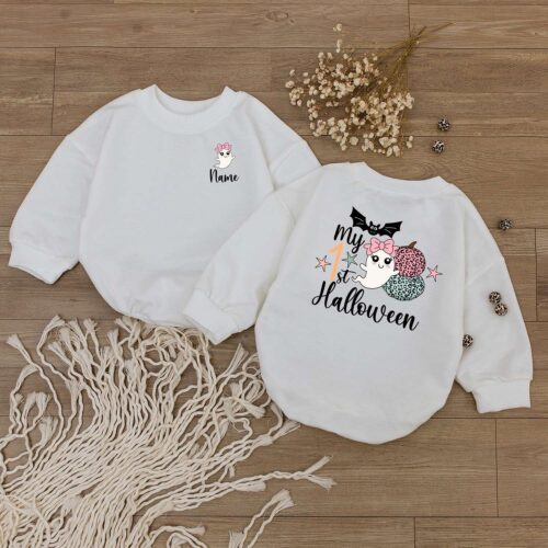 Personalized My First Halloween Baby Girl Bodysuit Cute Ghost Romper Newborn Little Boo Outfit image 0