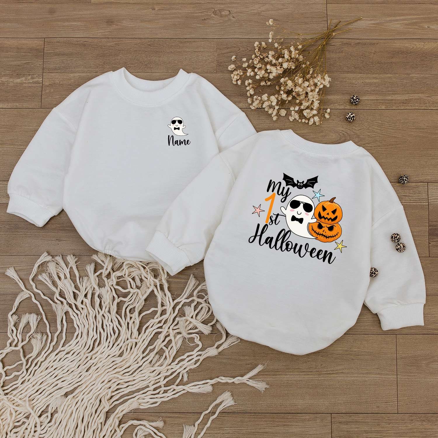 Personalized My First Halloween Baby Boy Romper Cute Ghost Bodysuit Newborn Outfit image 2