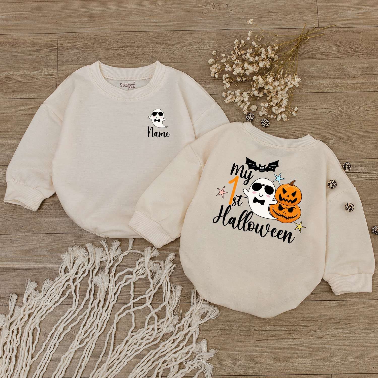 Personalized My First Halloween Baby Boy Romper Cute Ghost Bodysuit Newborn Outfit image 1