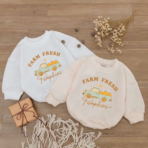 Farm Fresh Pumpkins Baby Romper Fall Infant Outfit Newborn Clothes 1st Thanksgiving Gift image 0