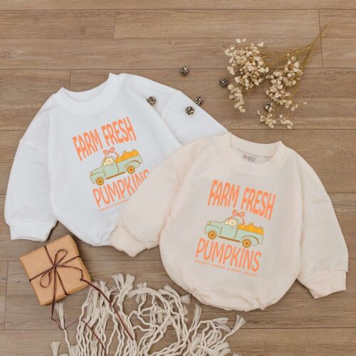 Farm Fresh Pumpkins Baby Romper Fall Newborn Outfit 1st Thanksgiving Infant Clothes Baby Shower Gift image 0