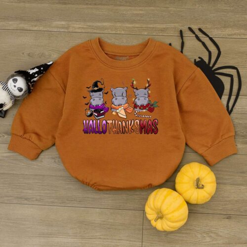 Happy Hallothanksmas Hippo Baby Romper Newborn Shower Gift 1st Thanksgiving Halloween Christmas image 0