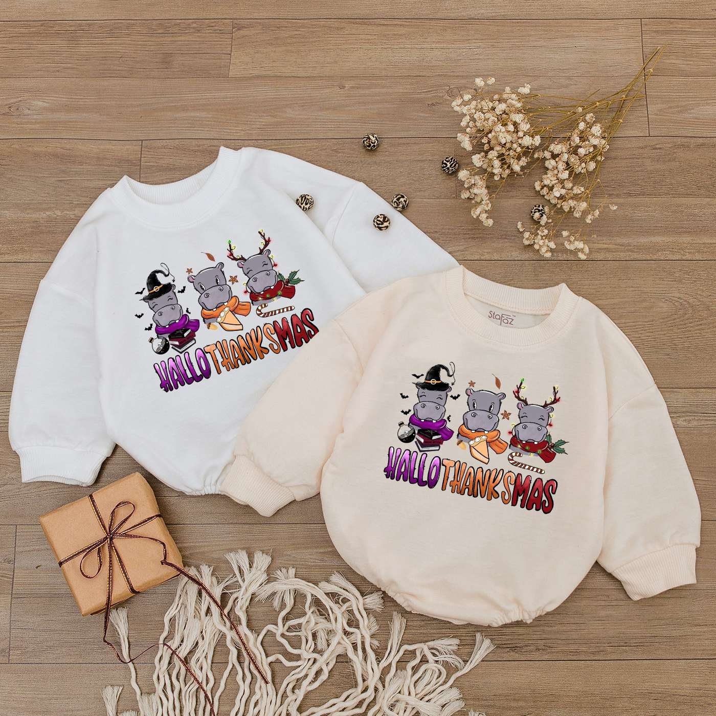 Happy Hallothanksmas Hippo Baby Romper Newborn Shower Gift 1st Thanksgiving Halloween Christmas image 1