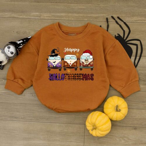 Happy Hallothanksmas Baby Romper Hippie Bus Fall Newborn Outfit 1st Thanksgiving Halloween Christmas Shirt image 0