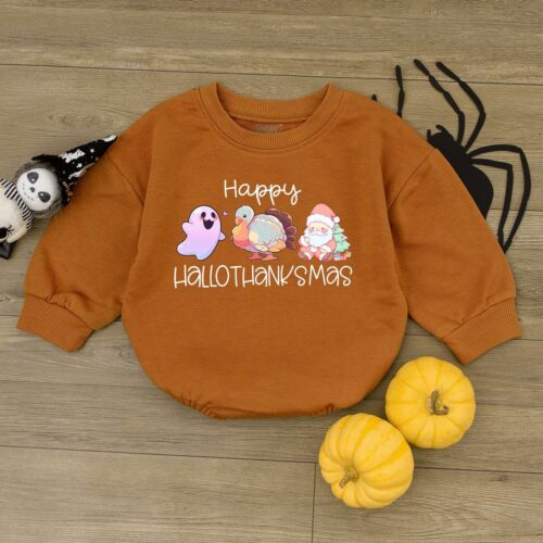 Happy Hallothanksmas Baby Romper Halloween Thanksgiving Christmas Baby Bodysuit Gift image 0