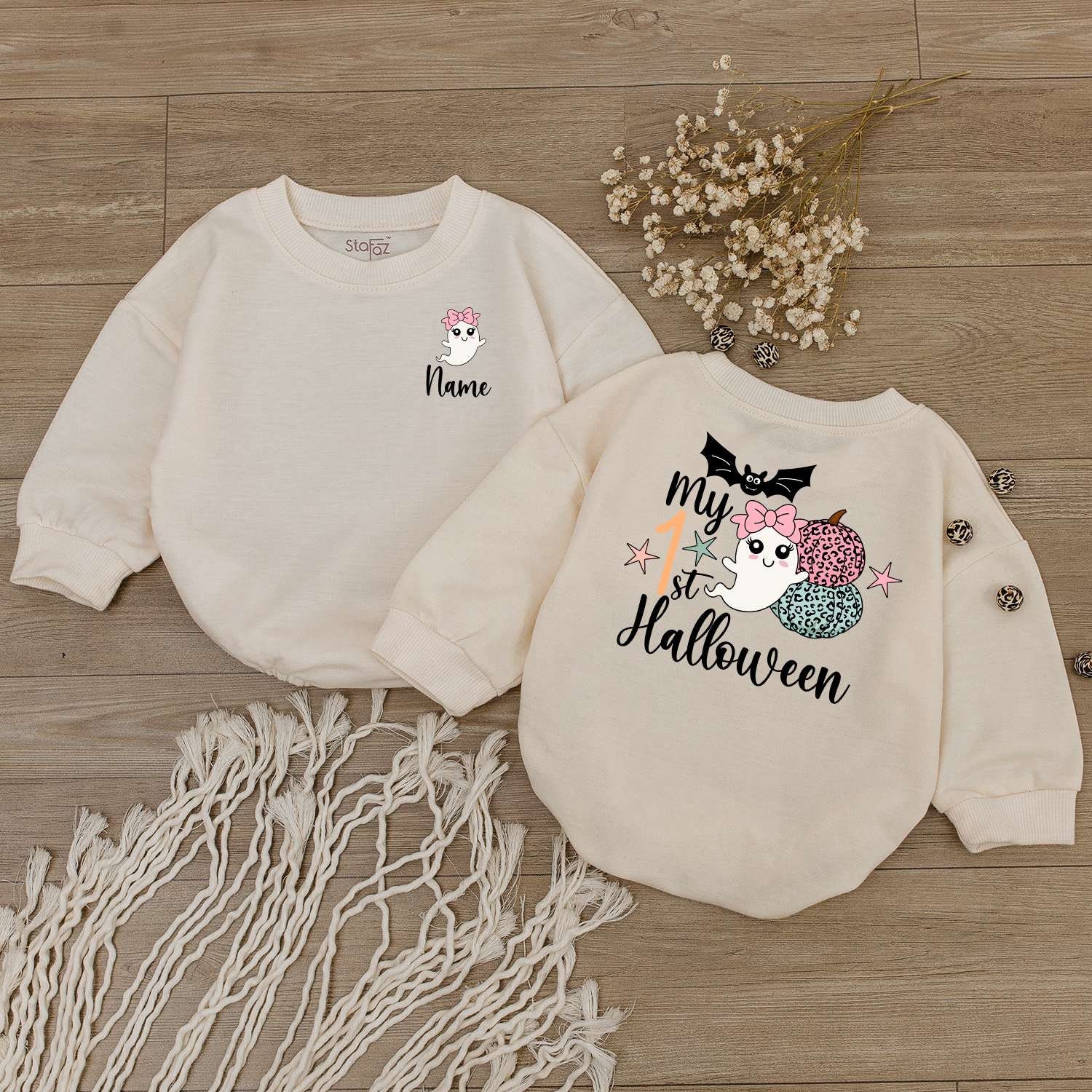 Personalized My First Halloween Baby Girl Bodysuit Cute Ghost Romper Newborn Little Boo Outfit image 3