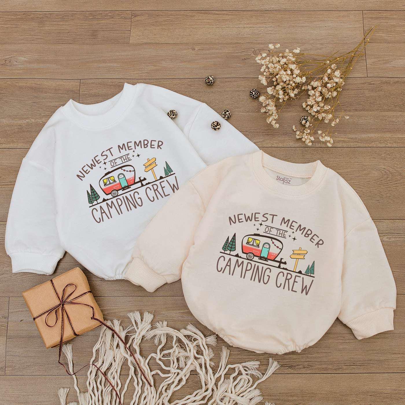 Newest Member Camping Crew Baby Romper Newborn Bodysuit Baby Shower Gift First Birthday Shirt image 1