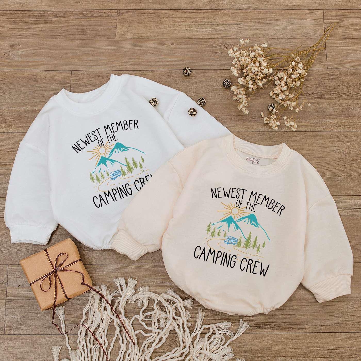 Newest Member Camping Crew Baby Romper Newborn Bodysuit Baby Shower Gift First Birthday Outfit image 2