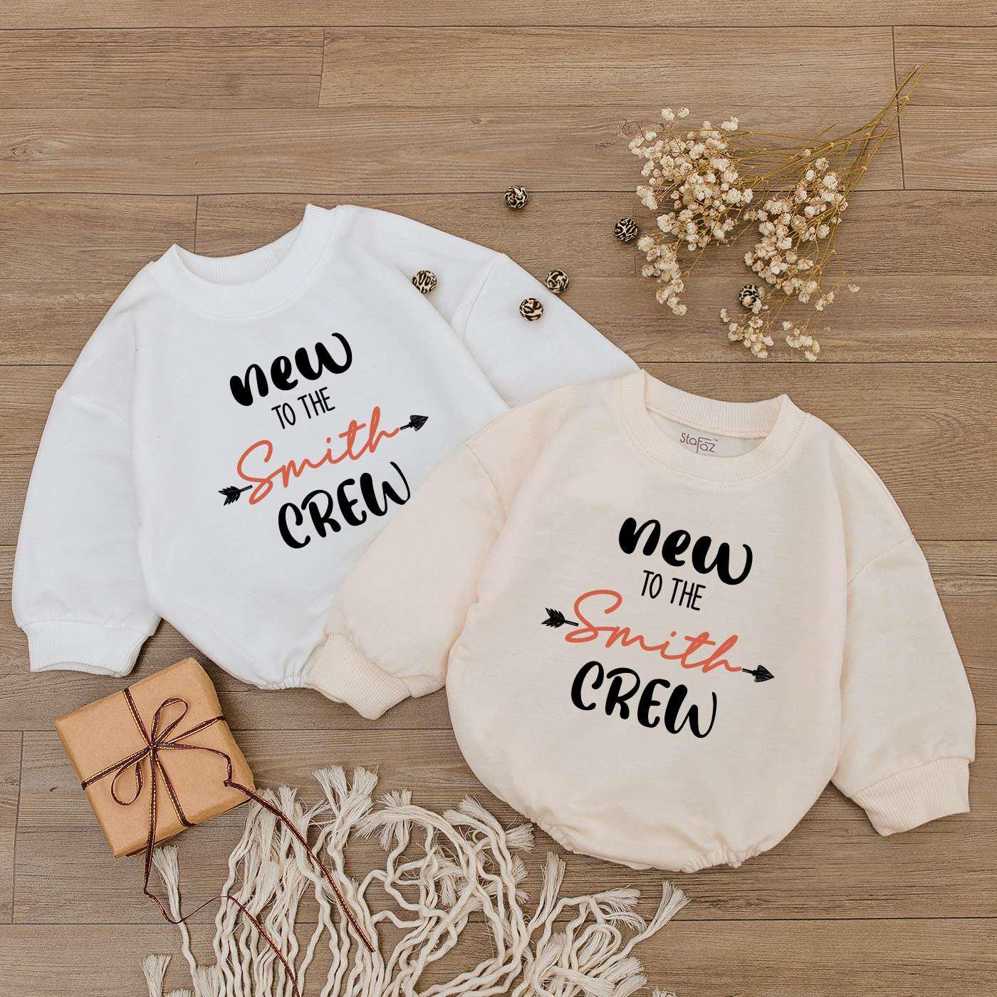 Personalized Baby Long Sleeve Romper New To The Crew Going Home Outfit Custom Newborn and Baby Shower Gift image 1