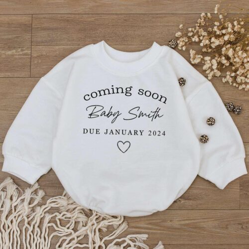 Custom Pregnancy Announcement Baby Bodysuit Personalized Surname Due Date Baby Gift image 0