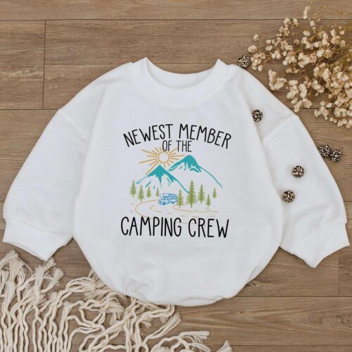 Newest Member Camping Crew Baby Romper Newborn Bodysuit Baby Shower Gift First Birthday Outfit image 0