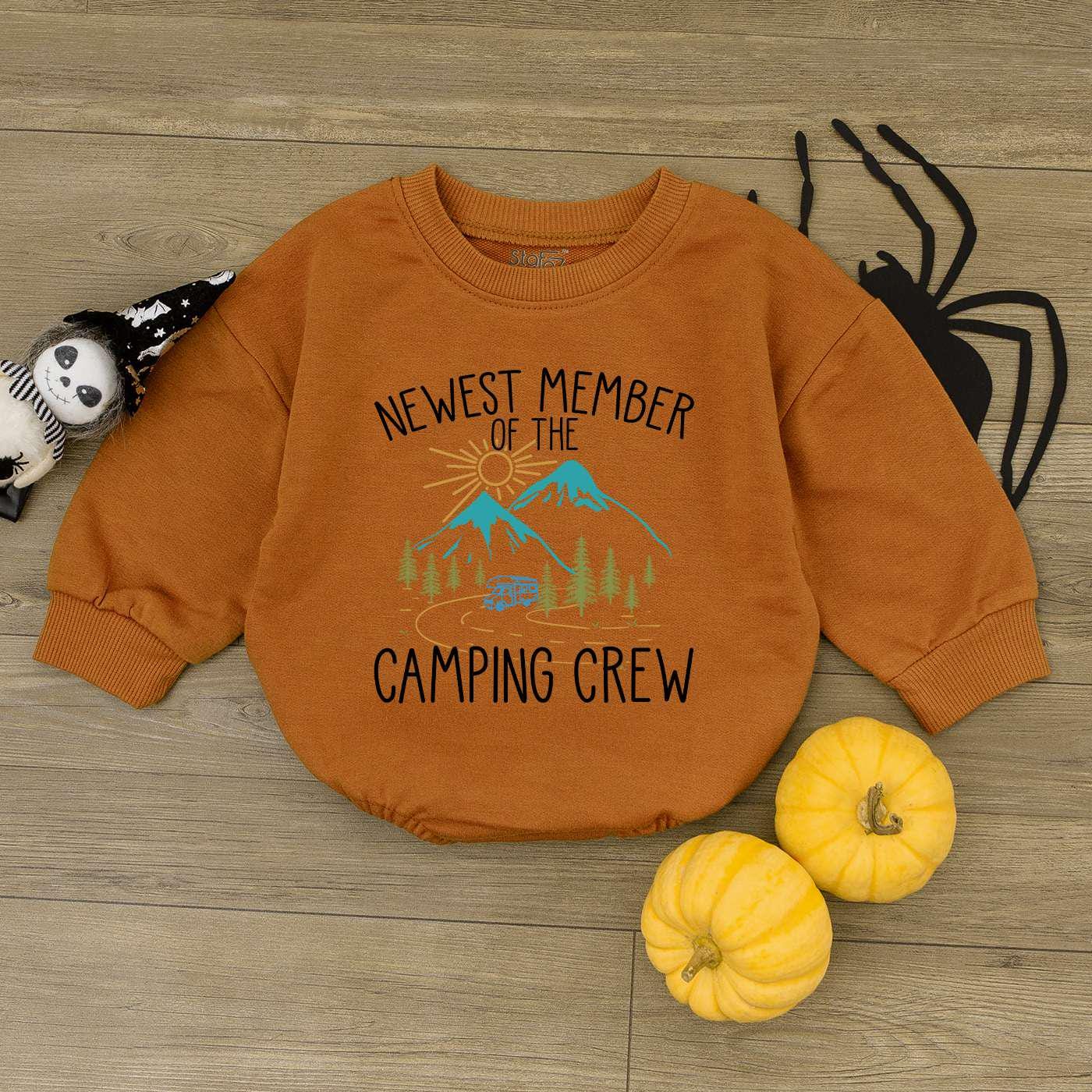 Newest Member Camping Crew Baby Romper Newborn Bodysuit Baby Shower Gift First Birthday Outfit image 1