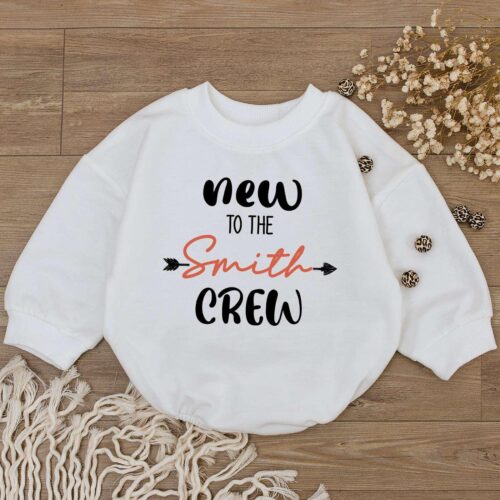 Personalized Baby Long Sleeve Romper New To The Crew Going Home Outfit Custom Newborn and Baby Shower Gift image 0