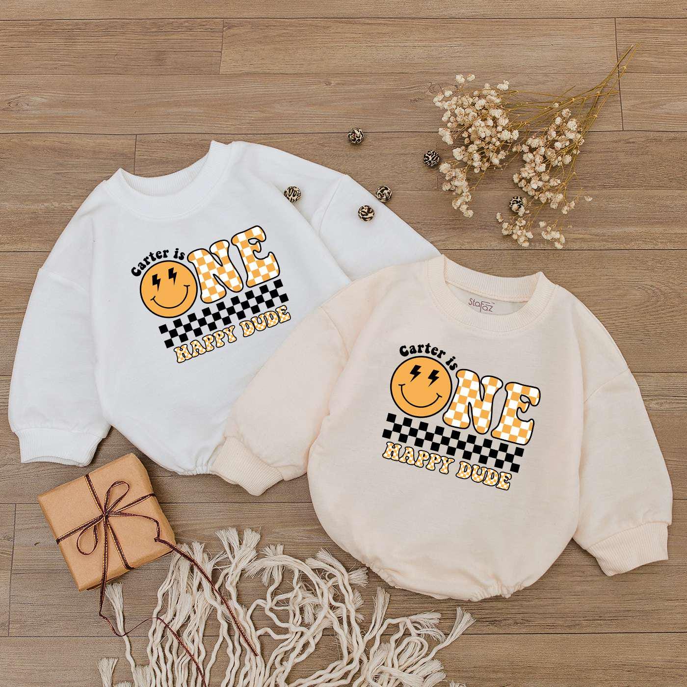 Custom One Happy Dude 1st Birthday Bodysuit Personalized Smiley Face Baby Outfit image 2