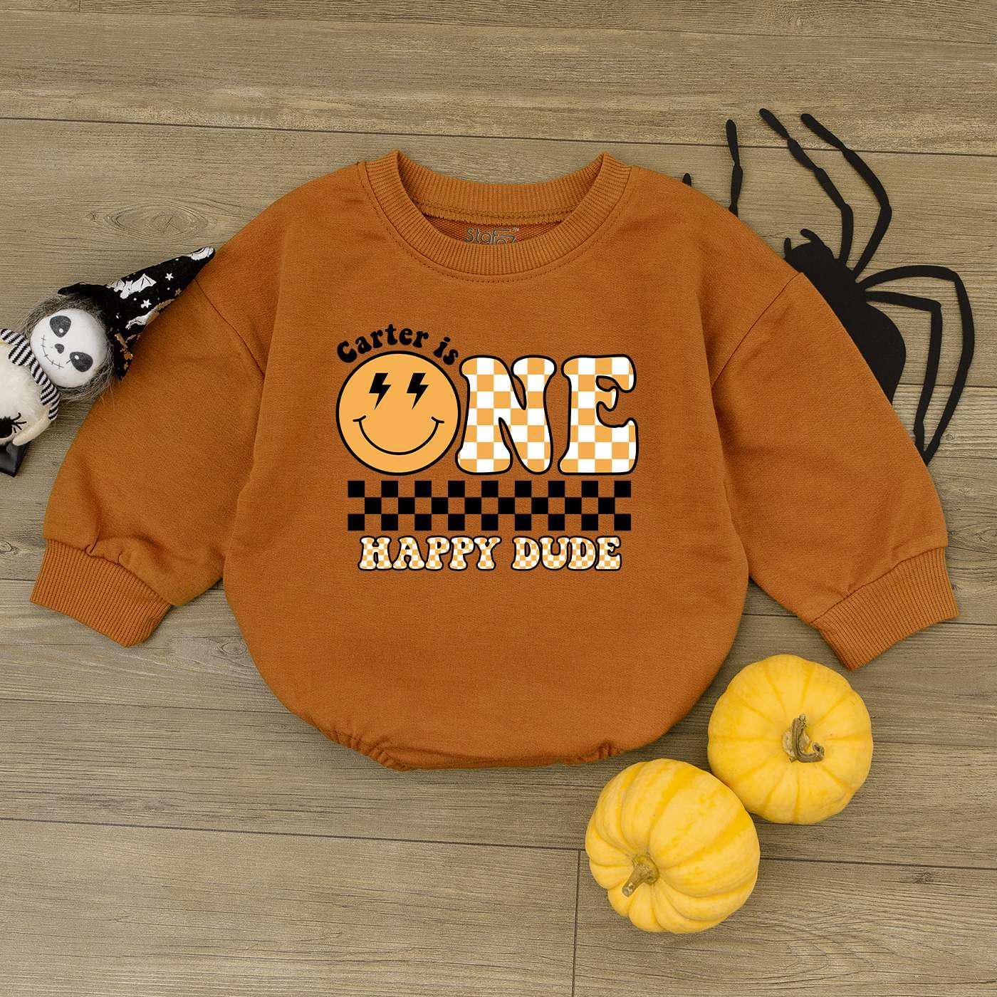 Custom One Happy Dude 1st Birthday Bodysuit Personalized Smiley Face Baby Outfit image 1