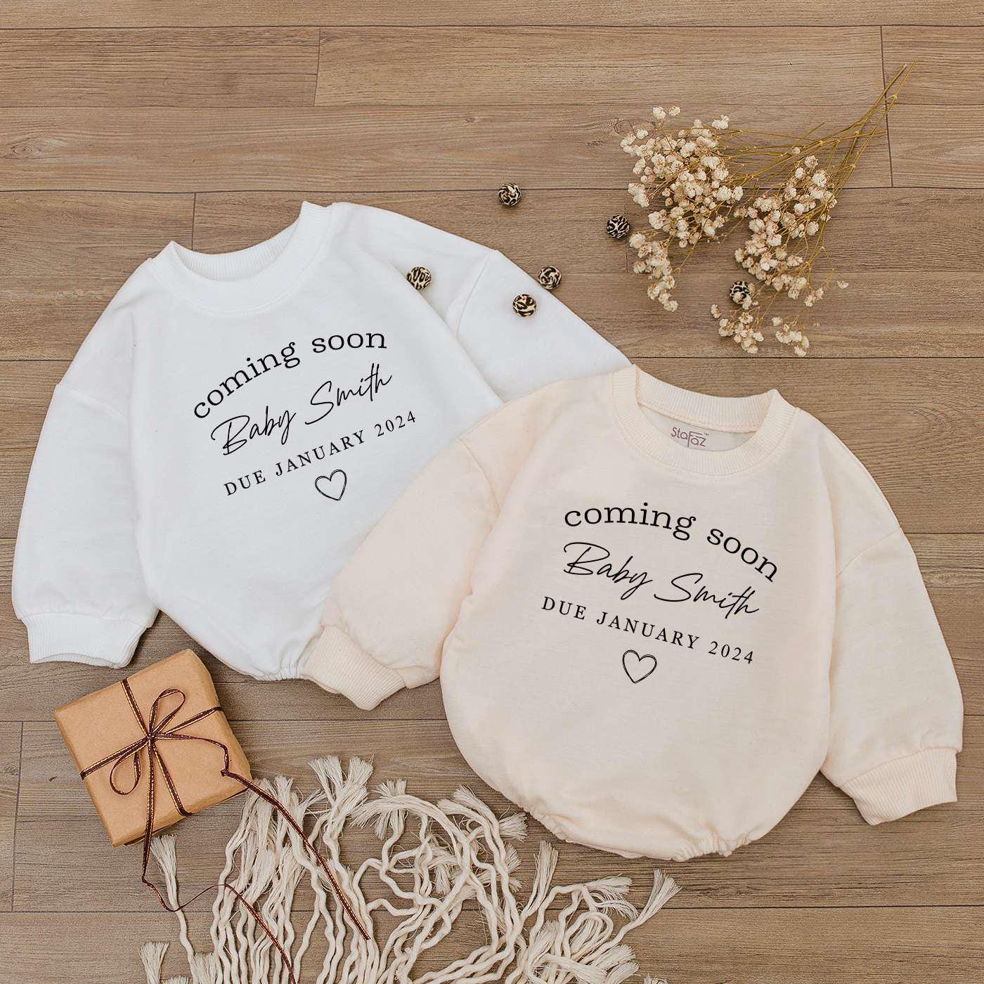 Custom Pregnancy Announcement Baby Bodysuit Personalized Surname Due Date Baby Gift image 2