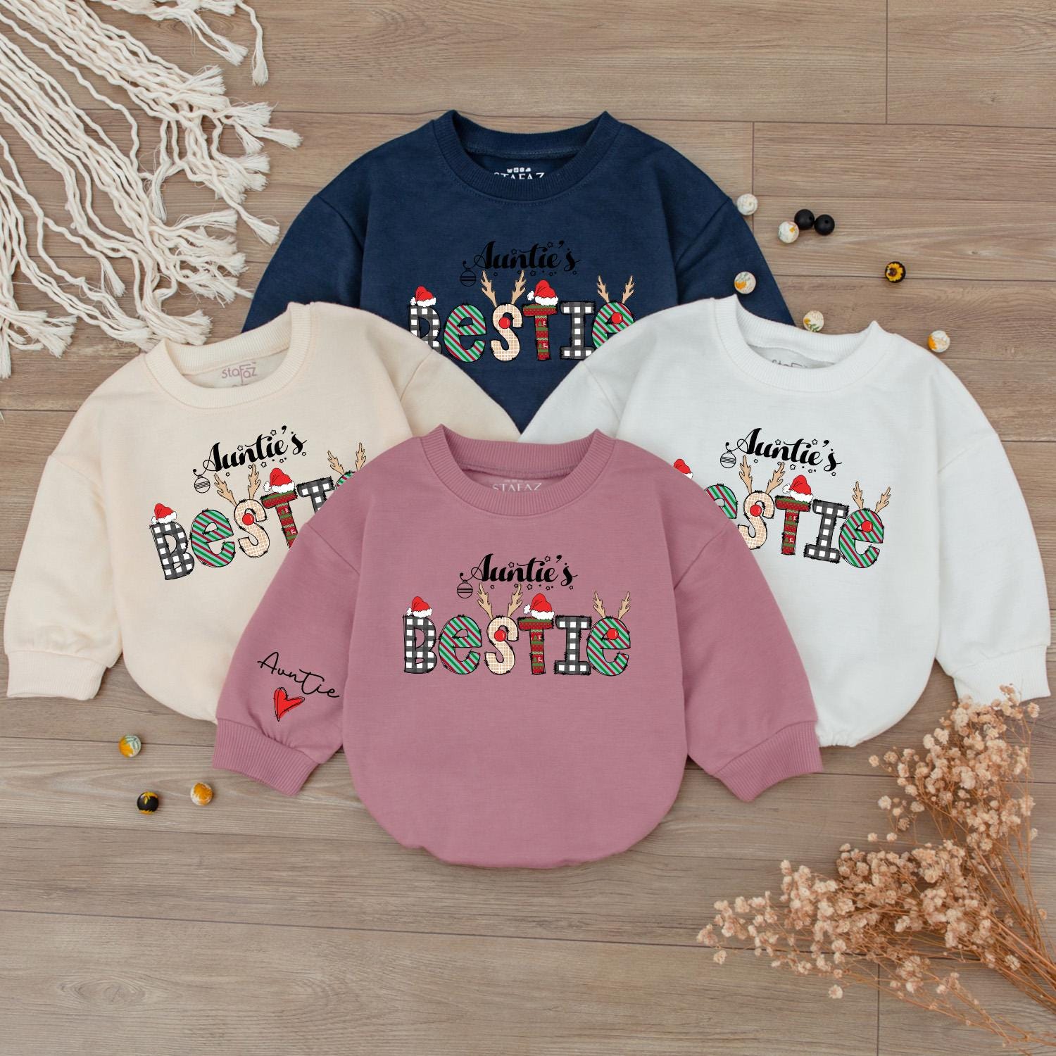 Auntie and Auntie's Bestie Baby Romper Cute 1st Christmas Bodysuit Matching Family Outfit image 1