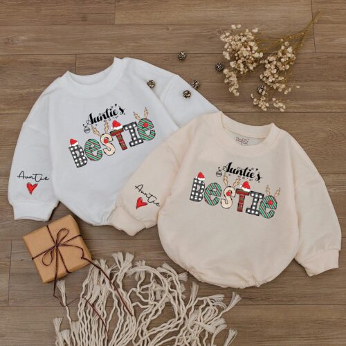 Auntie and Auntie's Bestie Baby Romper Cute 1st Christmas Bodysuit Matching Family Outfit image 0