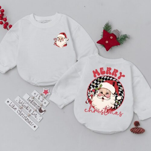 Vintage Santa Baby Romper Christmas Outfit Newborn First Xmas Baby Shower Gift image 0