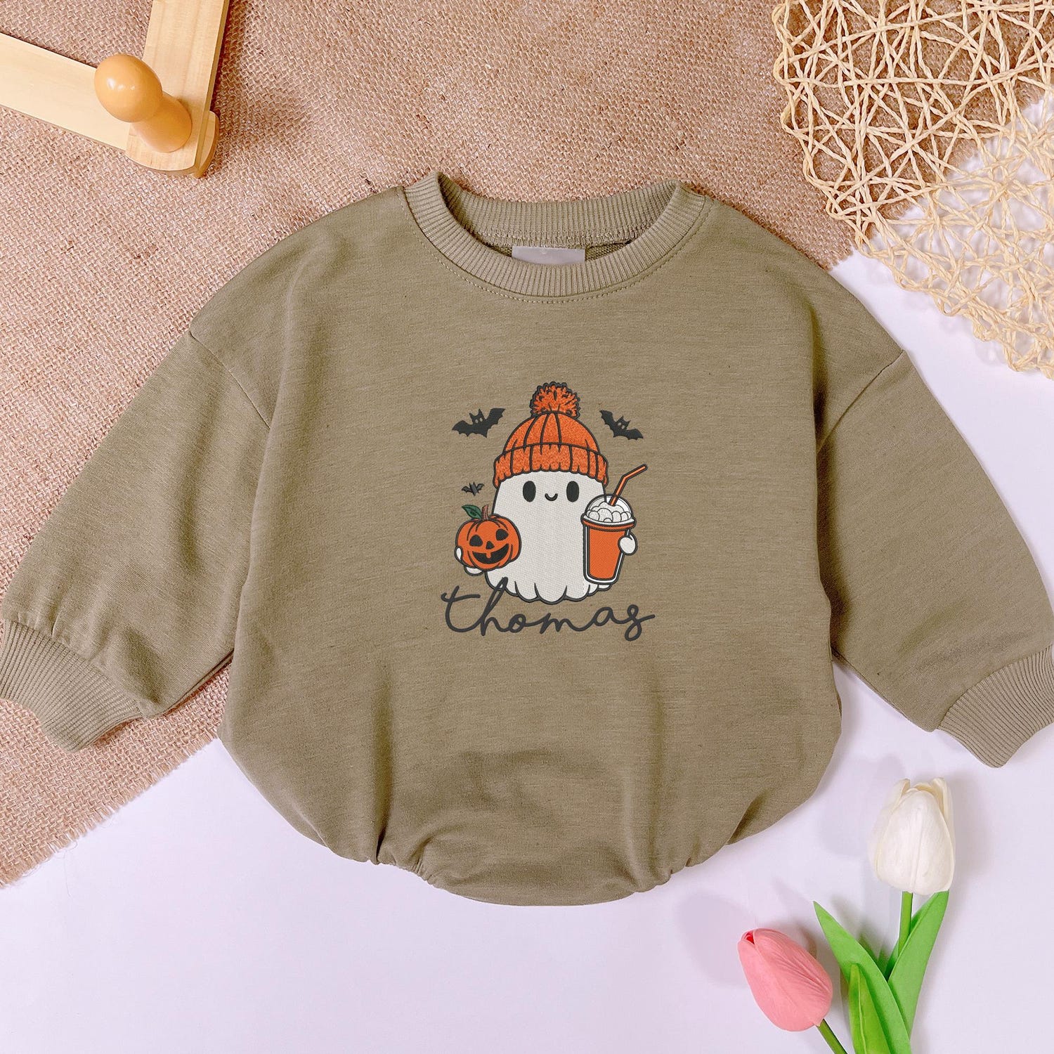 Personalized Halloween Baby Romper with Embroidered Ghost and Pumpkin Spice Latte Design image 3