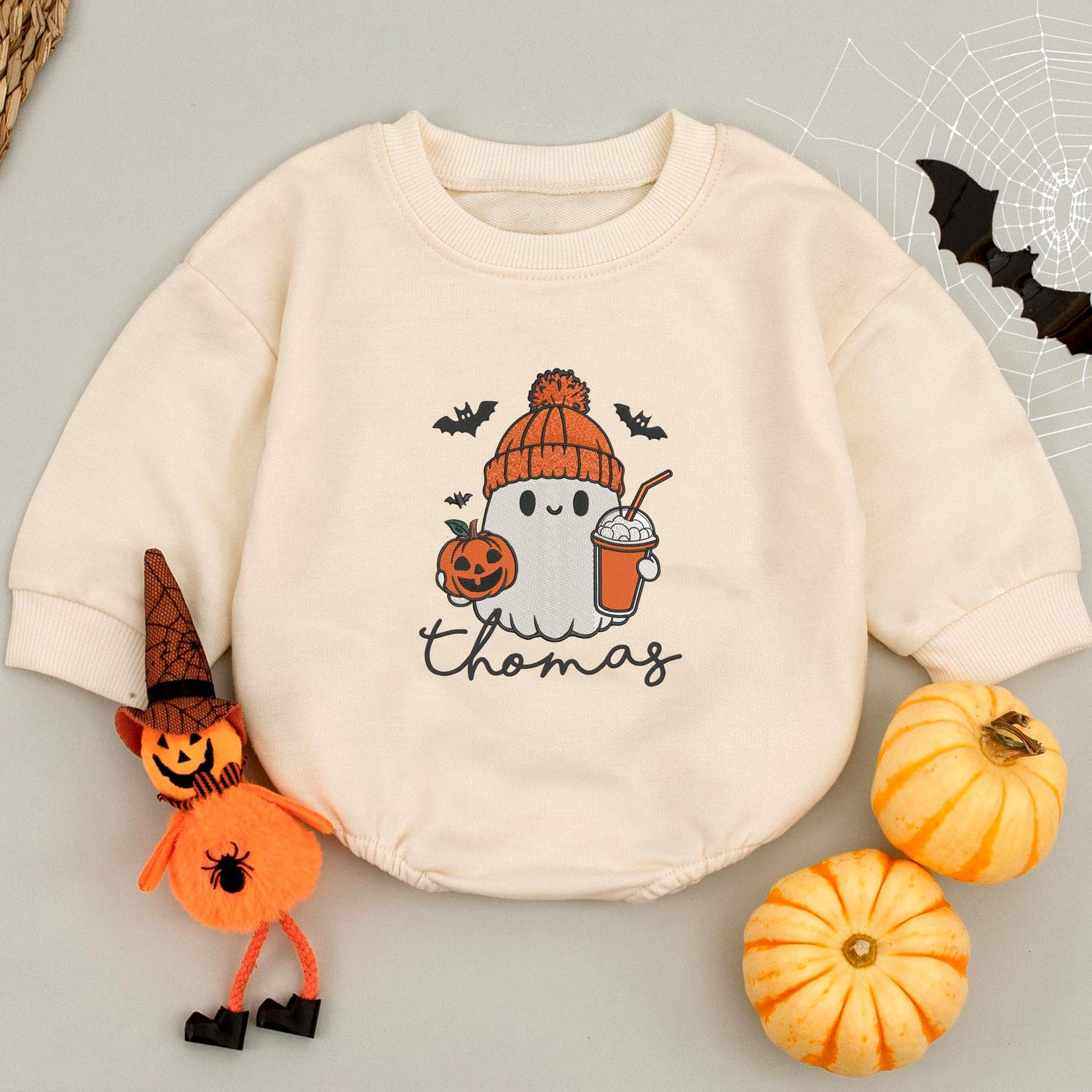 Personalized Halloween Baby Romper with Embroidered Ghost and Pumpkin Spice Latte Design image 1