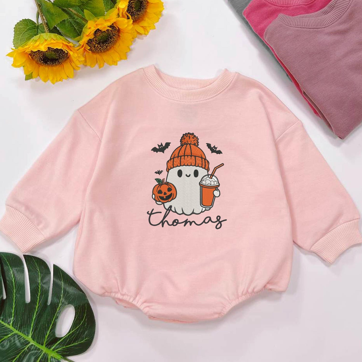 Personalized Halloween Baby Romper with Embroidered Ghost and Pumpkin Spice Latte Design image 2