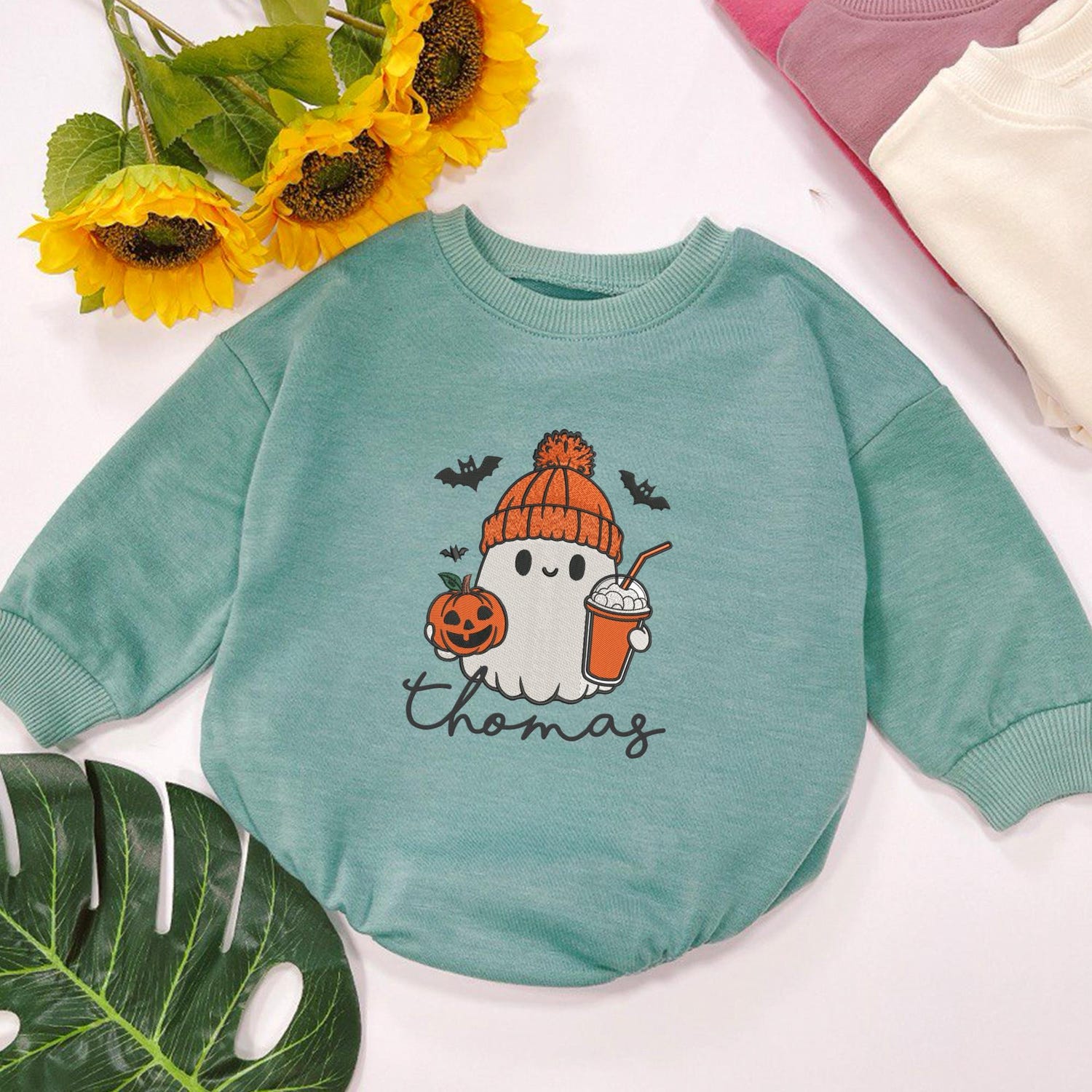 Personalized Halloween Baby Romper with Embroidered Ghost and Pumpkin Spice Latte Design image 5