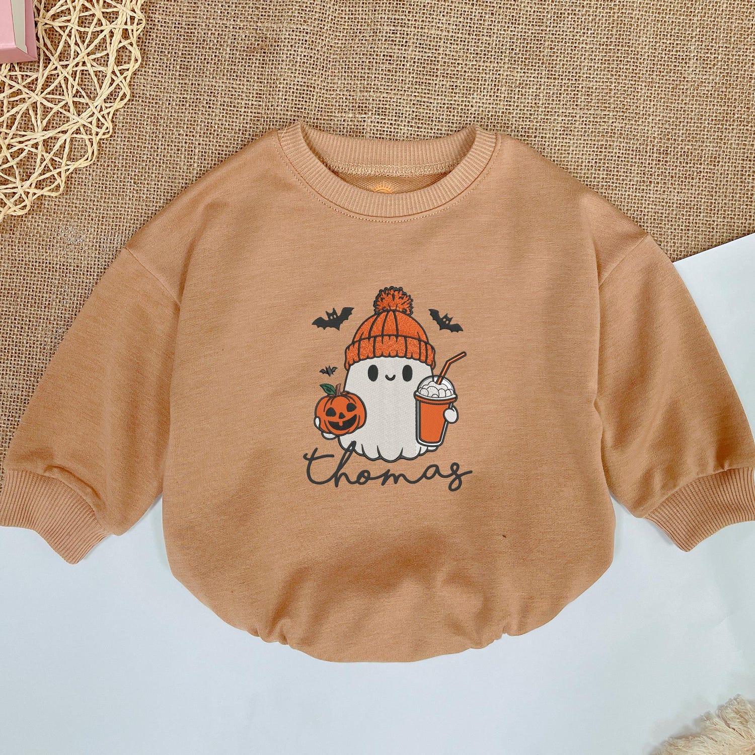 Personalized Halloween Baby Romper with Embroidered Ghost and Pumpkin Spice Latte Design image 6