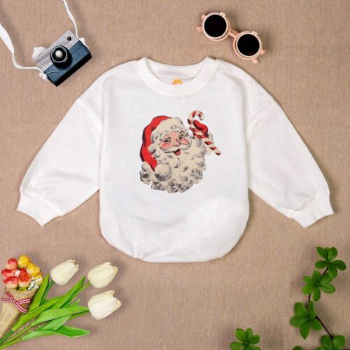 Vintage Santa Baby Romper Sweatshirt Newborn Christmas Outfit Holiday Infant Clothes Winter Baby Gift image 0